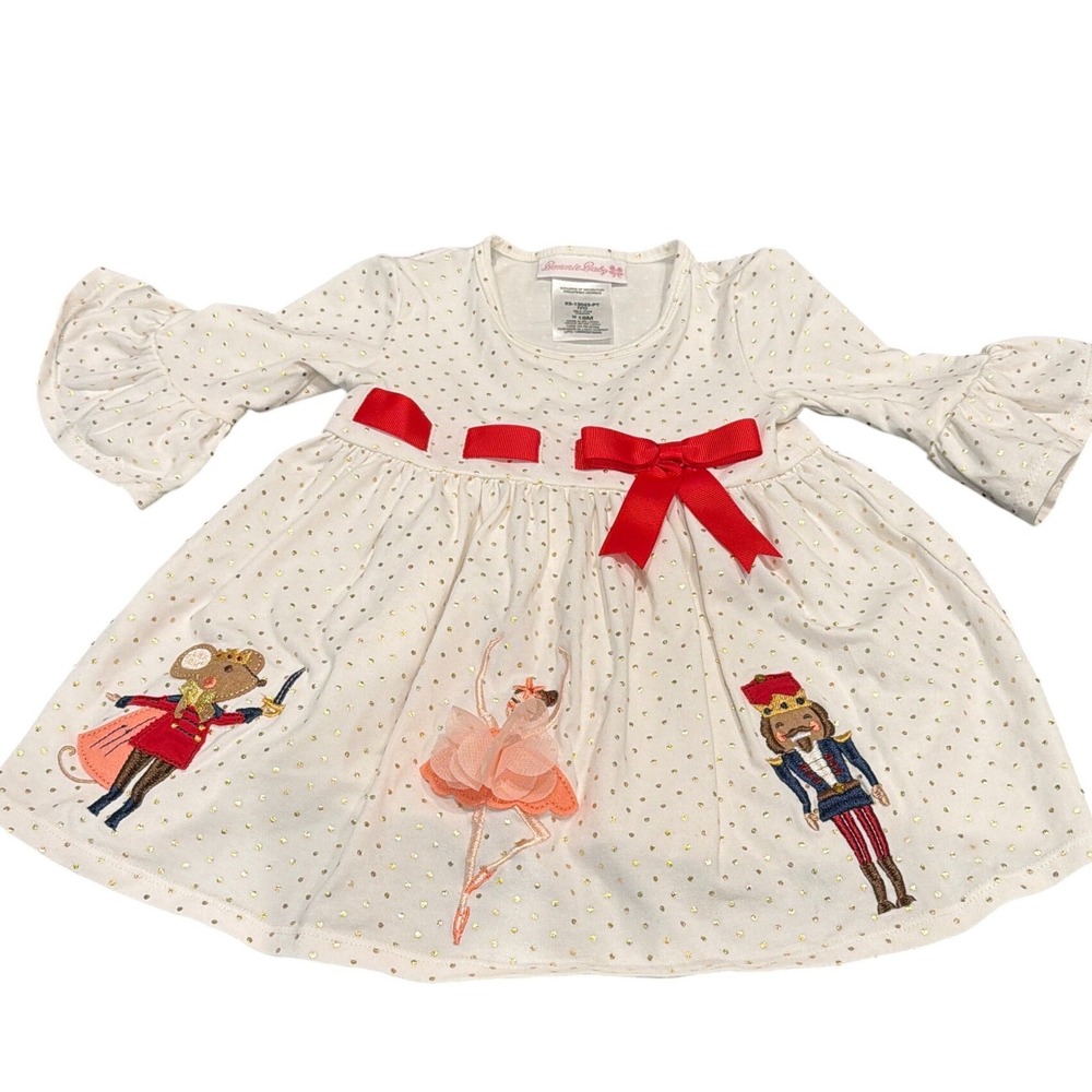 Bonnie Baby Nutcracker Ballerina Gold Polka Dot Holiday Dress Ivory Red 18M
